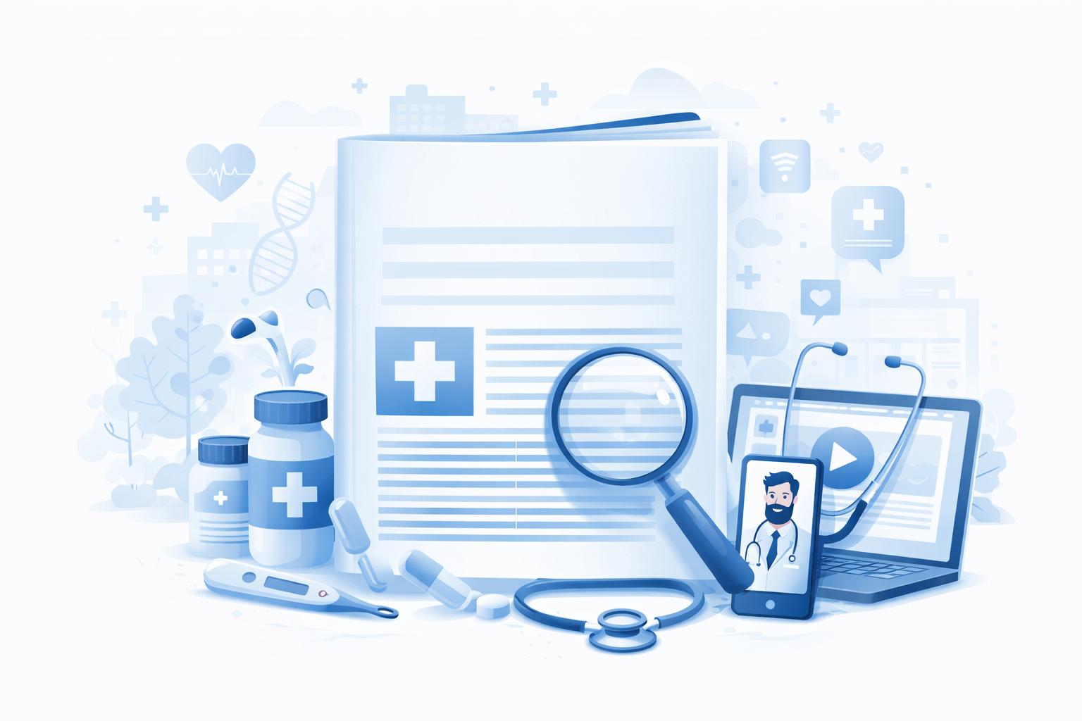 Zdravotnický článek s lupou a digitálními nástroji telemedicíny