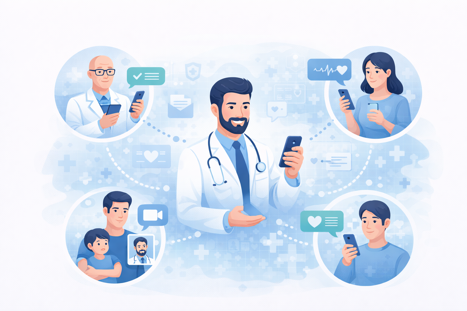 Lékař komunikuje s pacienty na dálku pomocí telemedicíny a mobilních zařízení