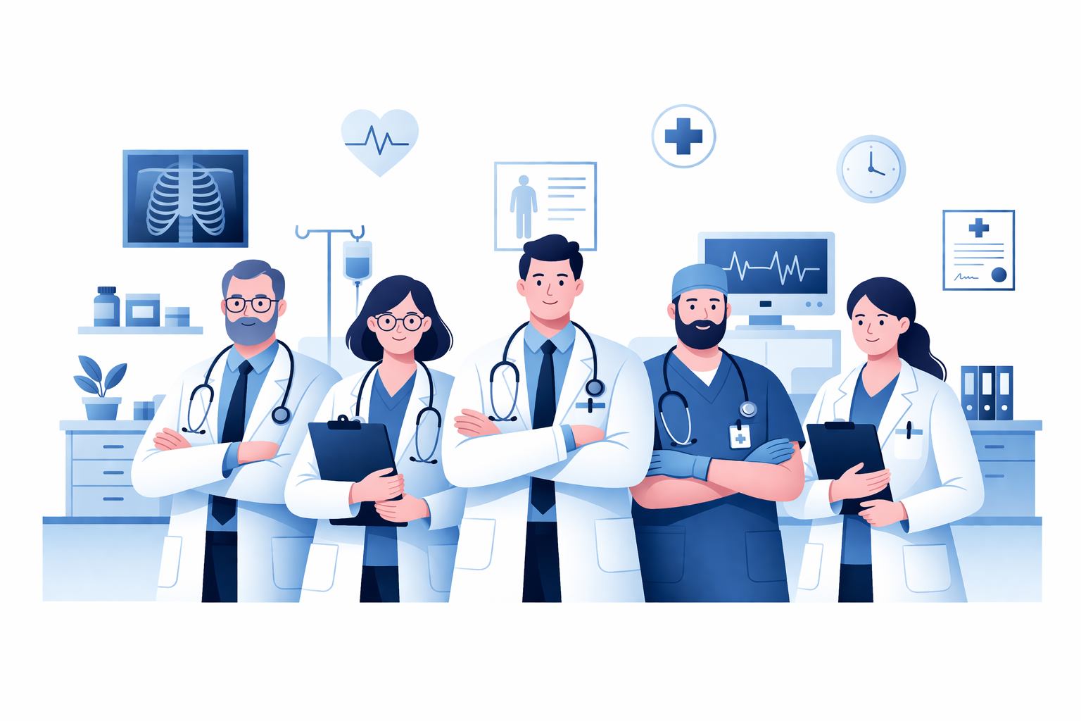 Lékařský tým v nemocnici s moderním vybavením a prvky telemedicíny