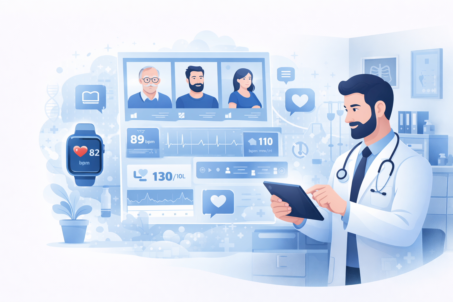 Lékař sleduje zdravotní data pacientů na dálku pomocí telemedicíny a digitálních zařízení
