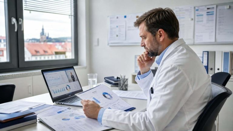 Lékař v bílém plášti sedí u stolu a studuje grafy a statistiky vytištěné na papíře, vedle něj otevřený laptop se zobrazením dat a videokonsultace.