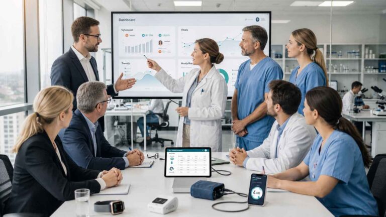 Tým zdravotníků a odborníků diskutující nad digitálními daty a telemedicínskými technologiemi během pracovního setkání ve zdravotnickém prostředí.