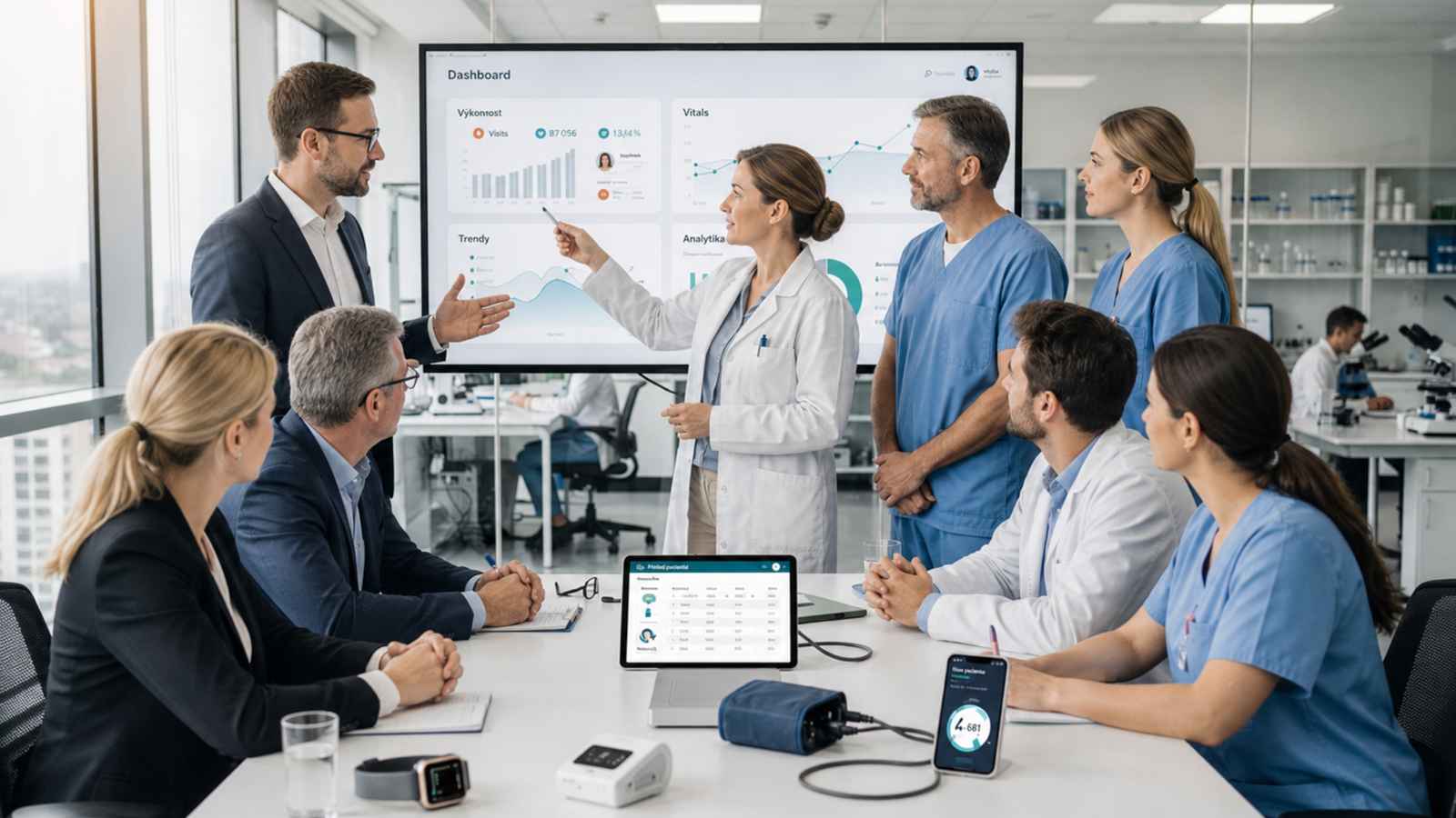 Tým zdravotníků a odborníků diskutující nad digitálními daty a telemedicínskými technologiemi během pracovního setkání ve zdravotnickém prostředí.